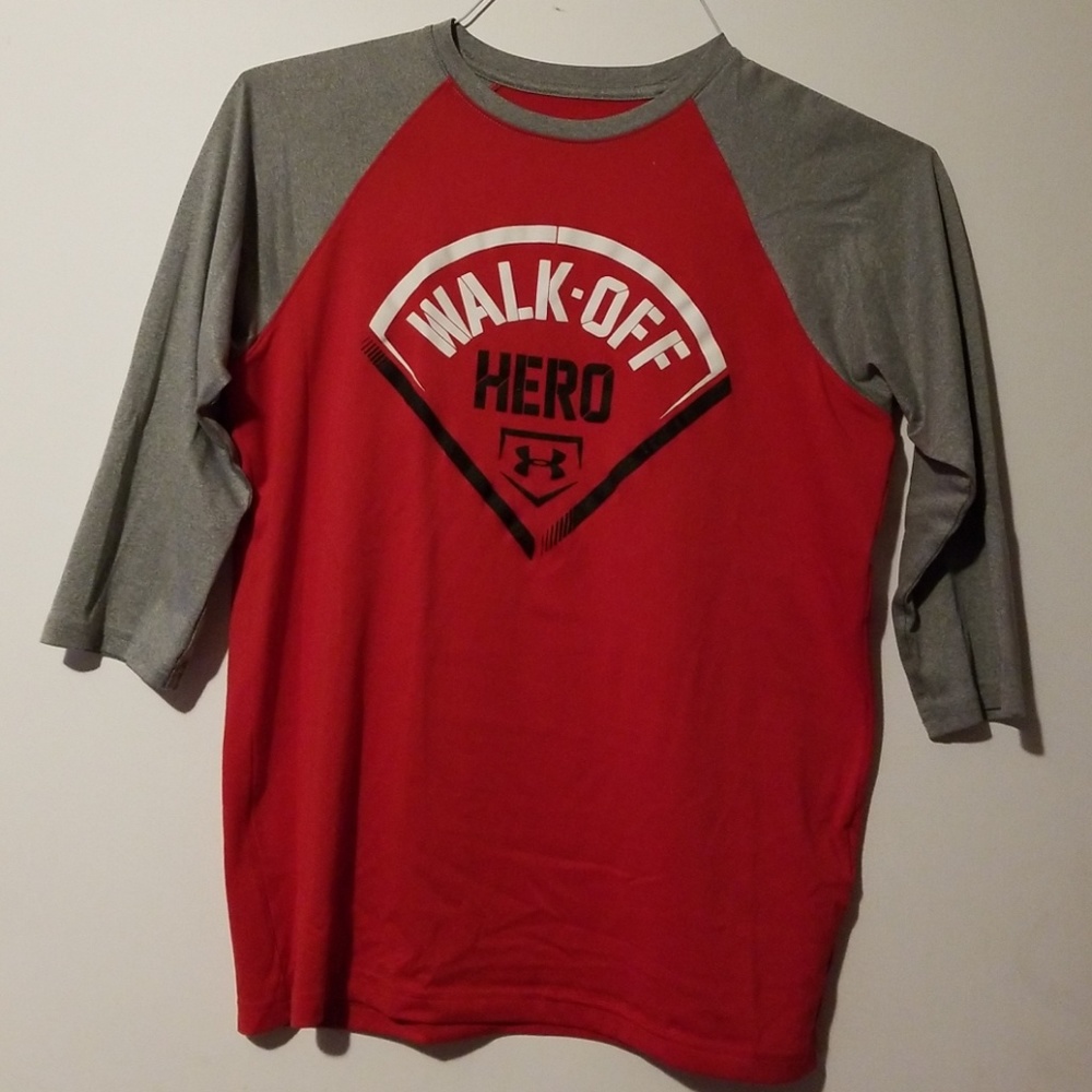 ❤️5 for $20❤️ Under Armour Baseball Shirt Red Grey Size YXL  Chest 38"   Box 11